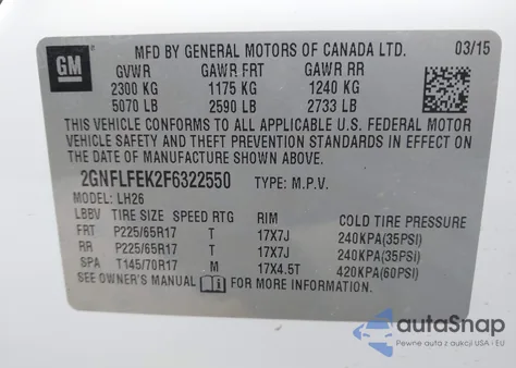 2015 Chevrolet Equinox 1Lt из США, поврежденный, VIN 2GNFLFEK2F6322550